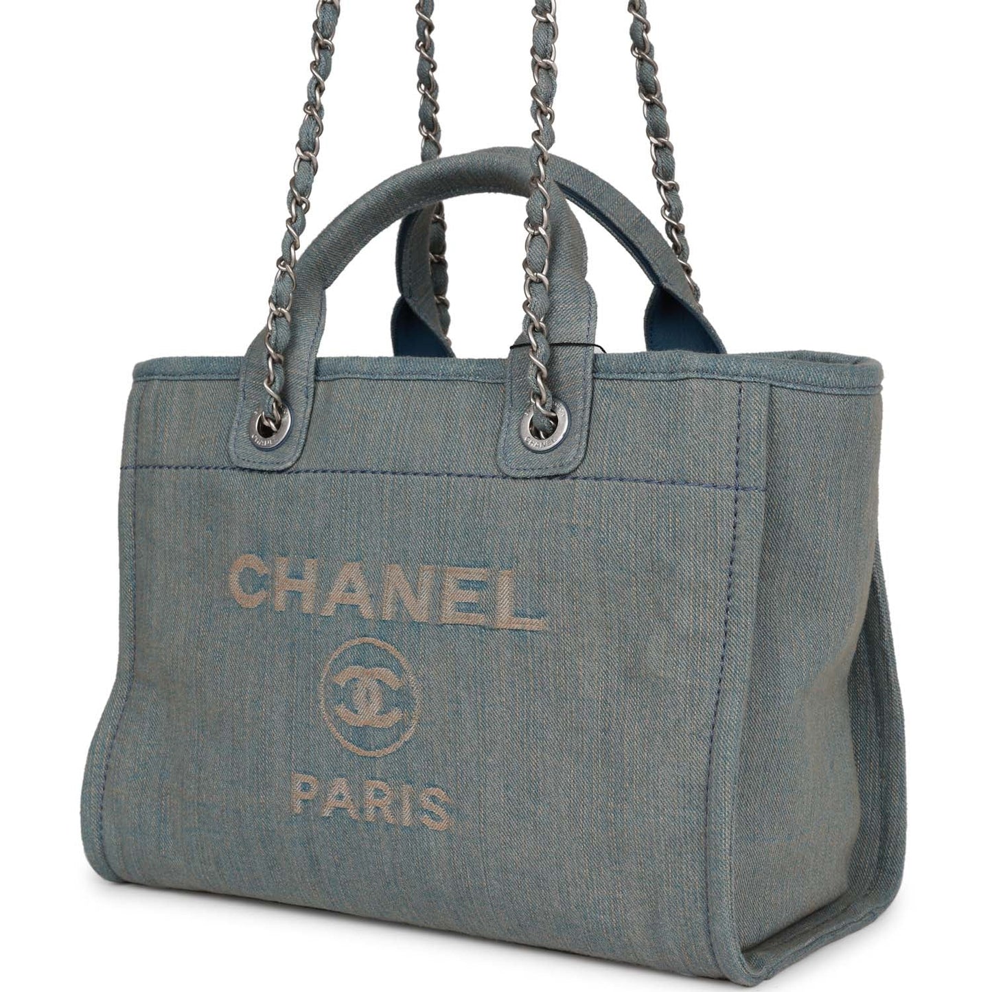Chanel Small Deauville Shopping Bag Distressed Blue Denim Aged Silver Hardware