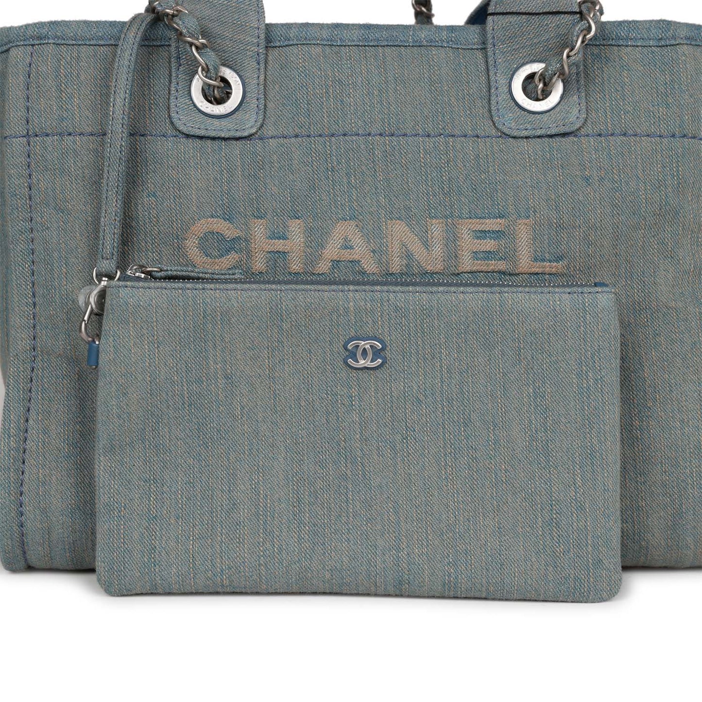 Chanel Small Deauville Shopping Bag Distressed Blue Denim Aged Silver Hardware
