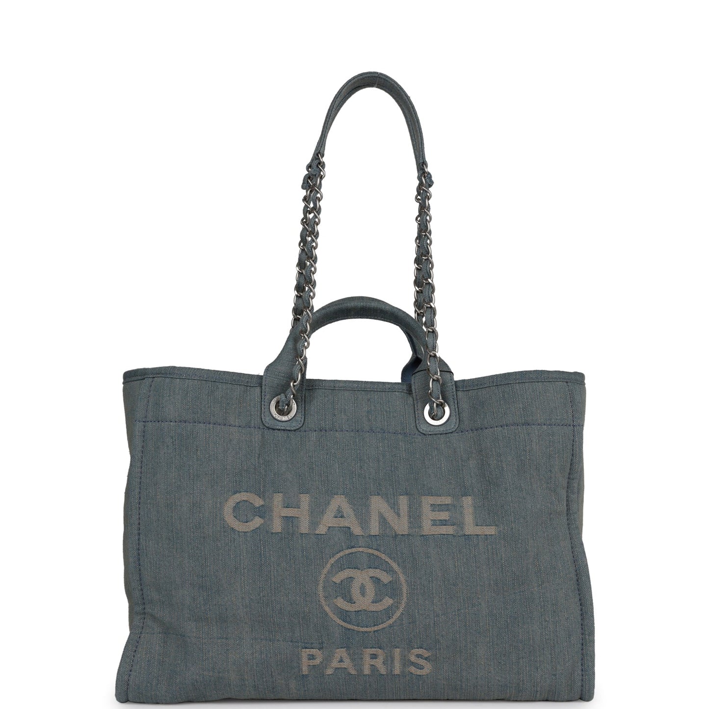 Chanel Large Deauville Shopping Bag Distressed Blue Denim Silver Hardware