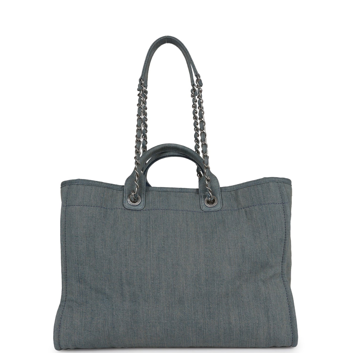 Chanel Large Deauville Shopping Bag Distressed Blue Denim Silver Hardware
