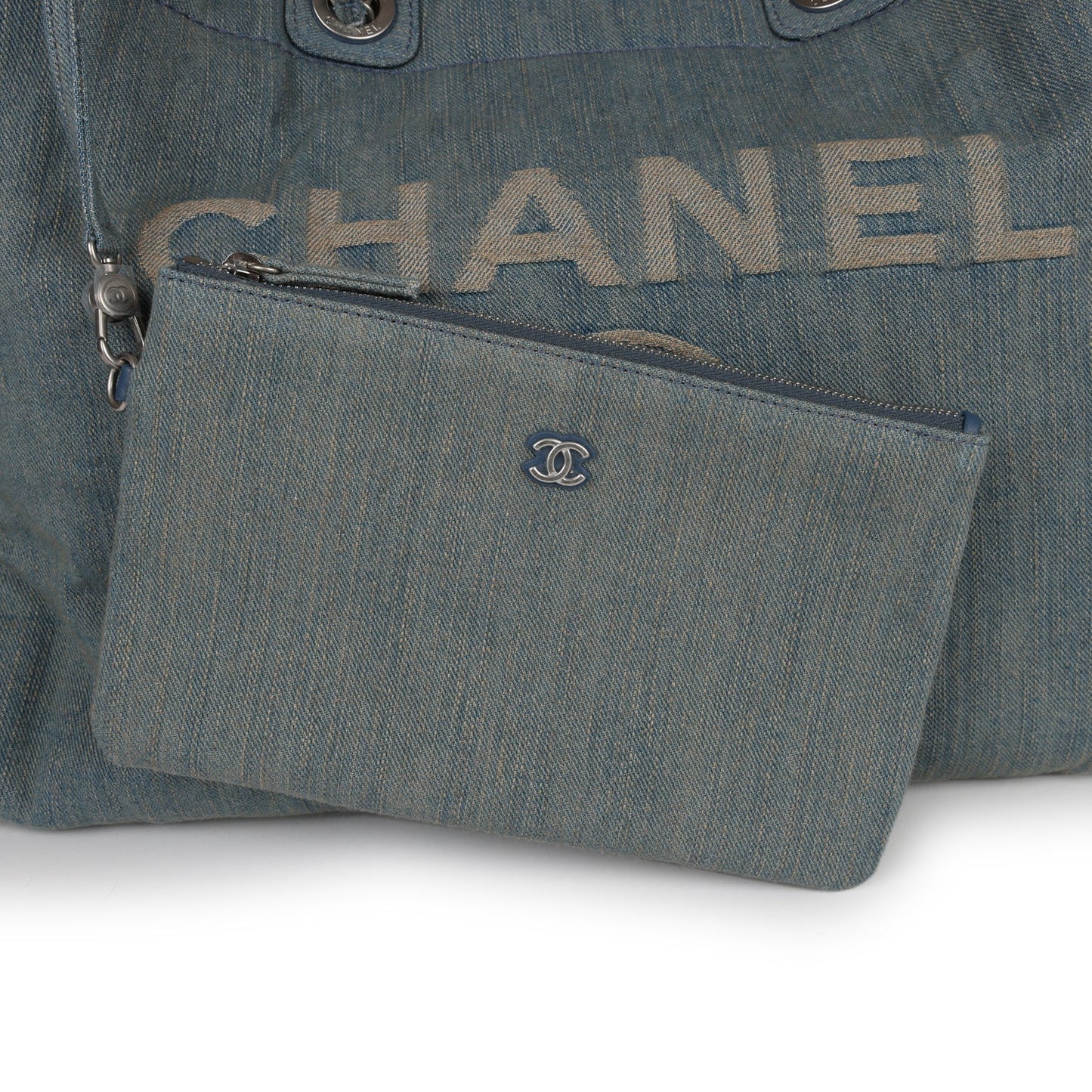 Chanel Large Deauville Shopping Bag Distressed Blue Denim Silver Hardware