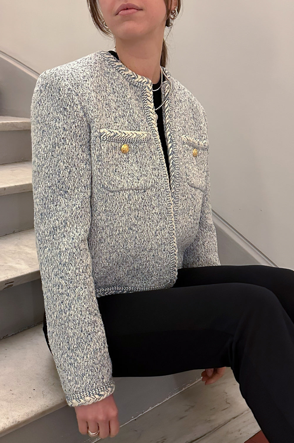 CELINE Patch Pocket Tweed Jacket Blue