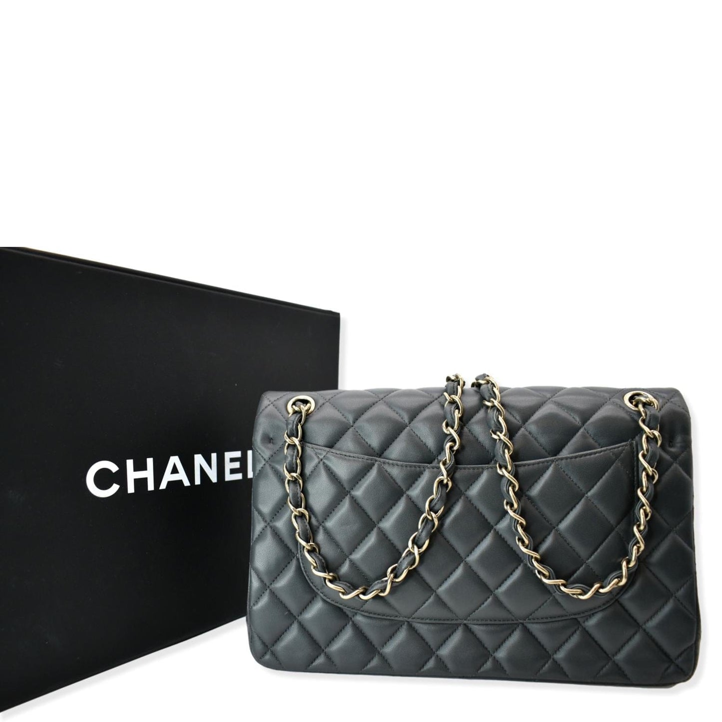 CHANEL Classic Jumbo Double Flap Lambskin Leather Shoulder Bag Dark Gray