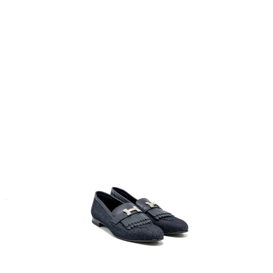 Hermes size 38 mocassins royal loafer denim/calfskin bleu brut/marine SHW