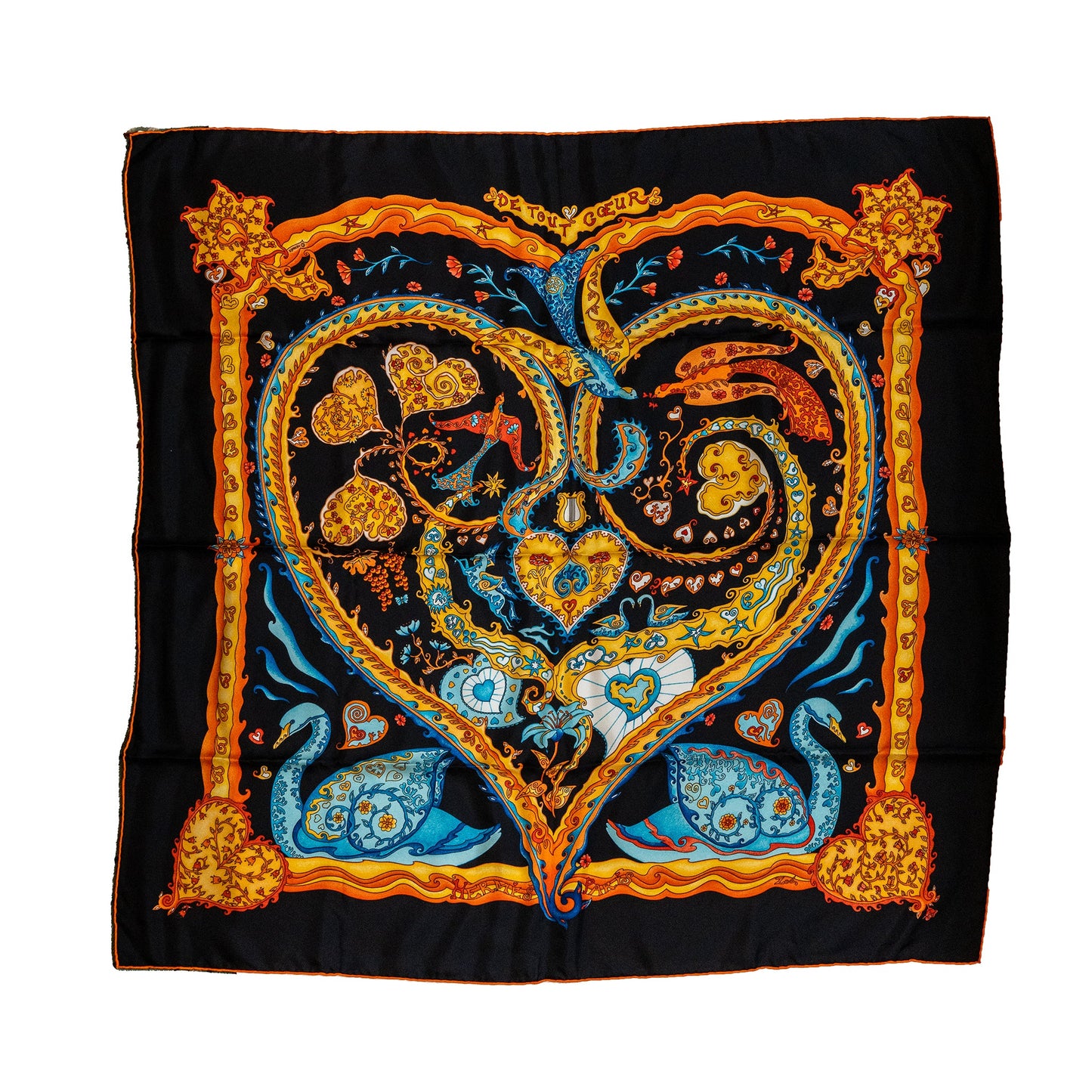 Hermes 90cm Silk Scarf De Tout Coeur Black/Orange/turquoise