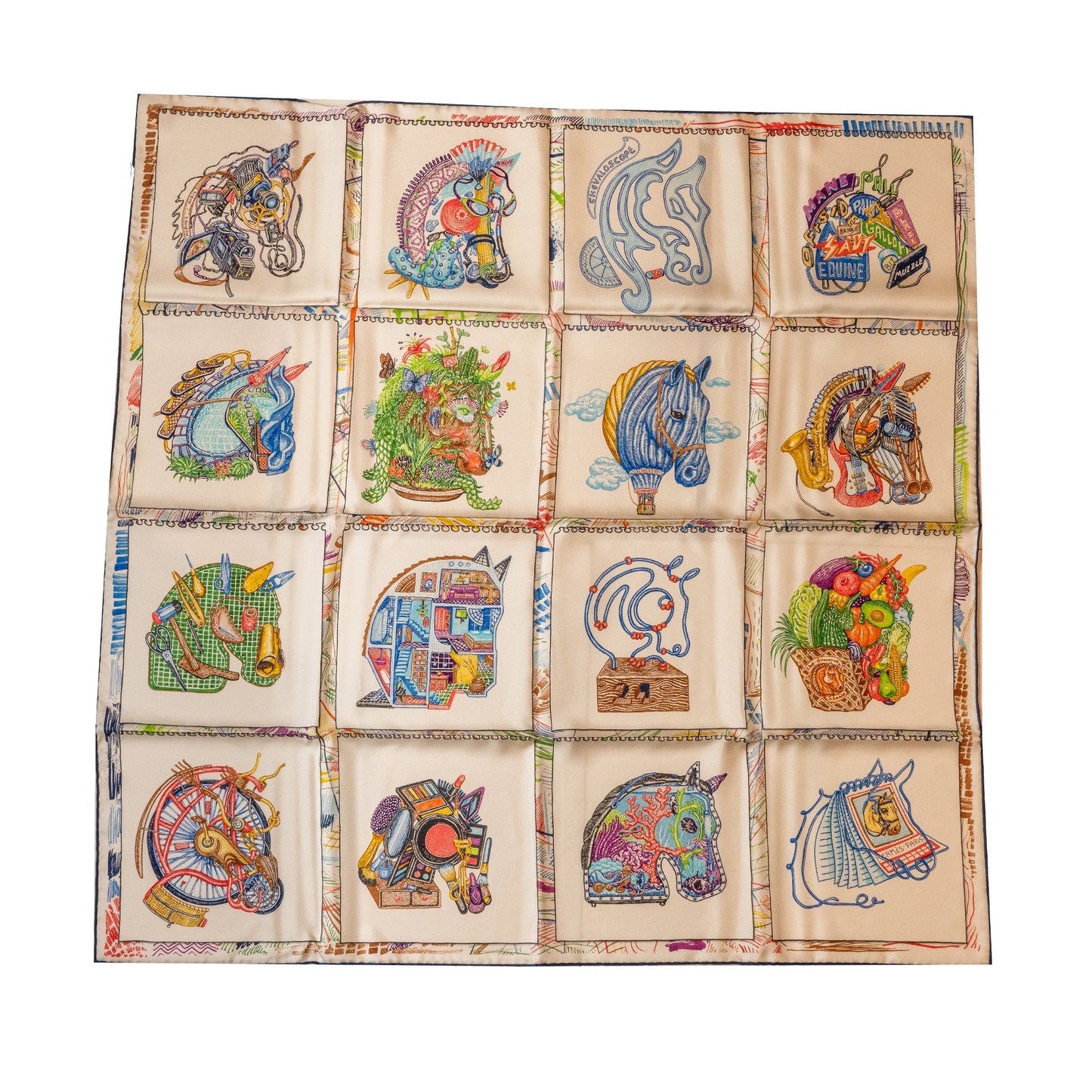 Hermes 90cm Silk Scarf Chevaloscope Blanc/Bleu/Multicolour