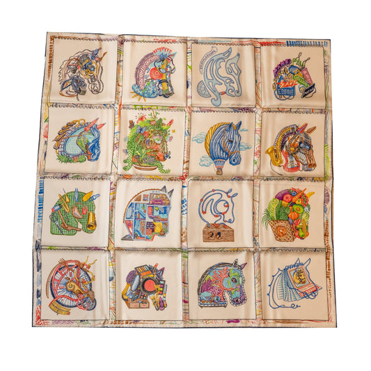 Hermes 90cm Silk Scarf Chevaloscope Blanc/Bleu/Multicolour