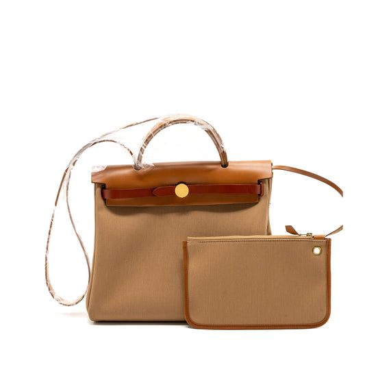 Hermes Herbag 31 CANVAS/HUNTER LEATHER Chai/Naturel Sable/Fauve/Cuivre GHW Stamp U