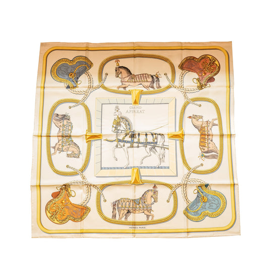 HERMES 90*90cm Silk Forever Scarf Grand Apparat Crème / Gold / Multicolore