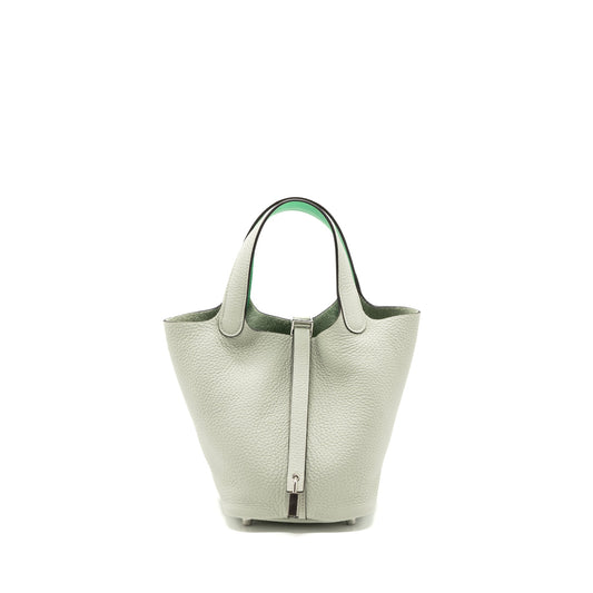 Hermes picotin 18 lock bag clemence / swift gris neve/ vert comics SHW stamp B