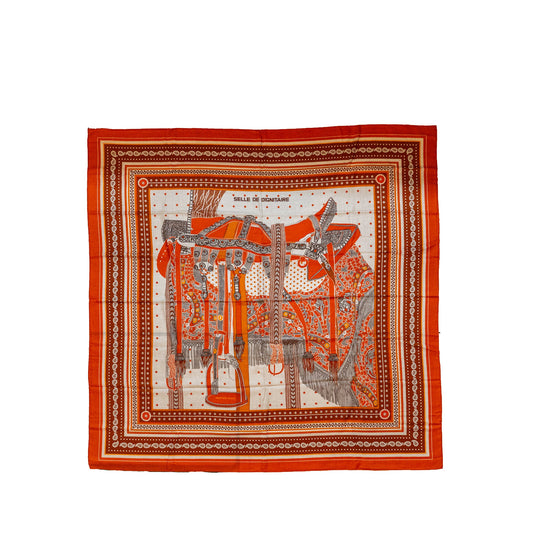 Hermes 140cm Soie Selle De Scarf Cashmere Orange/Roux/Naturel