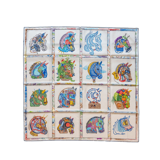 Hermes 90cm Silk Scarf Chevaloscope Blanc/Bleu/Multicolour