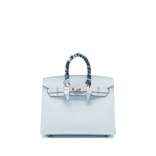 Hermes Birkin 25 Epsom Blue Brume SHW Stamp U With An Extra Hermes Twilly