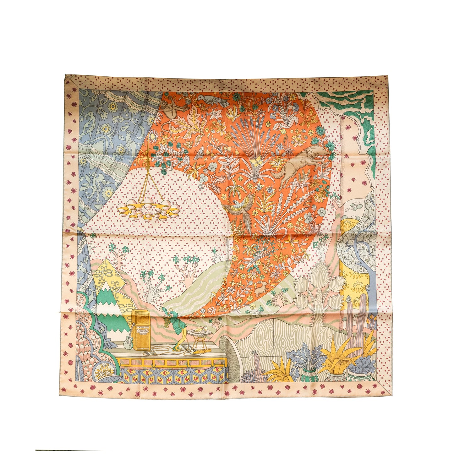 Hermes 90*90cm Silk Scarf Le Premier Chant Abricot/Ciel/Vert