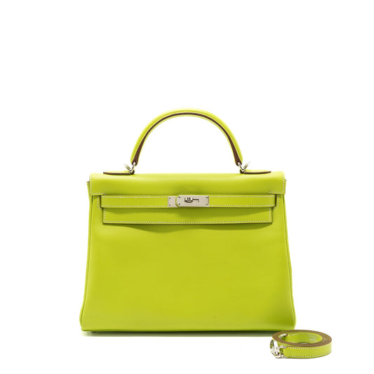 Hermes Kelly 32 Epsom Kiwi/Olive Green SHW Stamp Square O