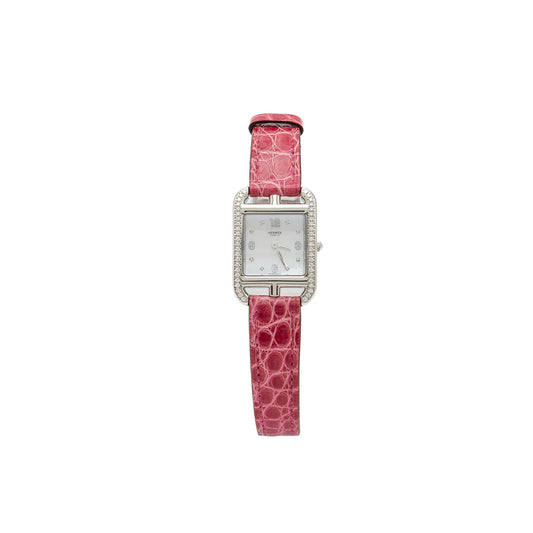 Hermes Cape Cod watch Small Model 31mm steel case with diamonds Alligator Raspberry strap