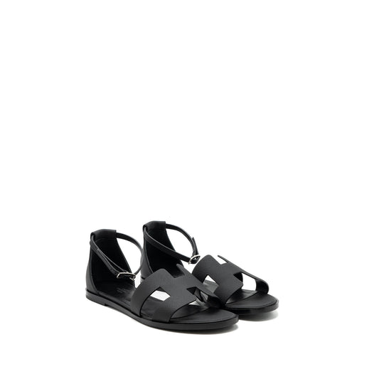 HERMES SIZE 38 SANTORINI SANDALS LEATHER Black SHW