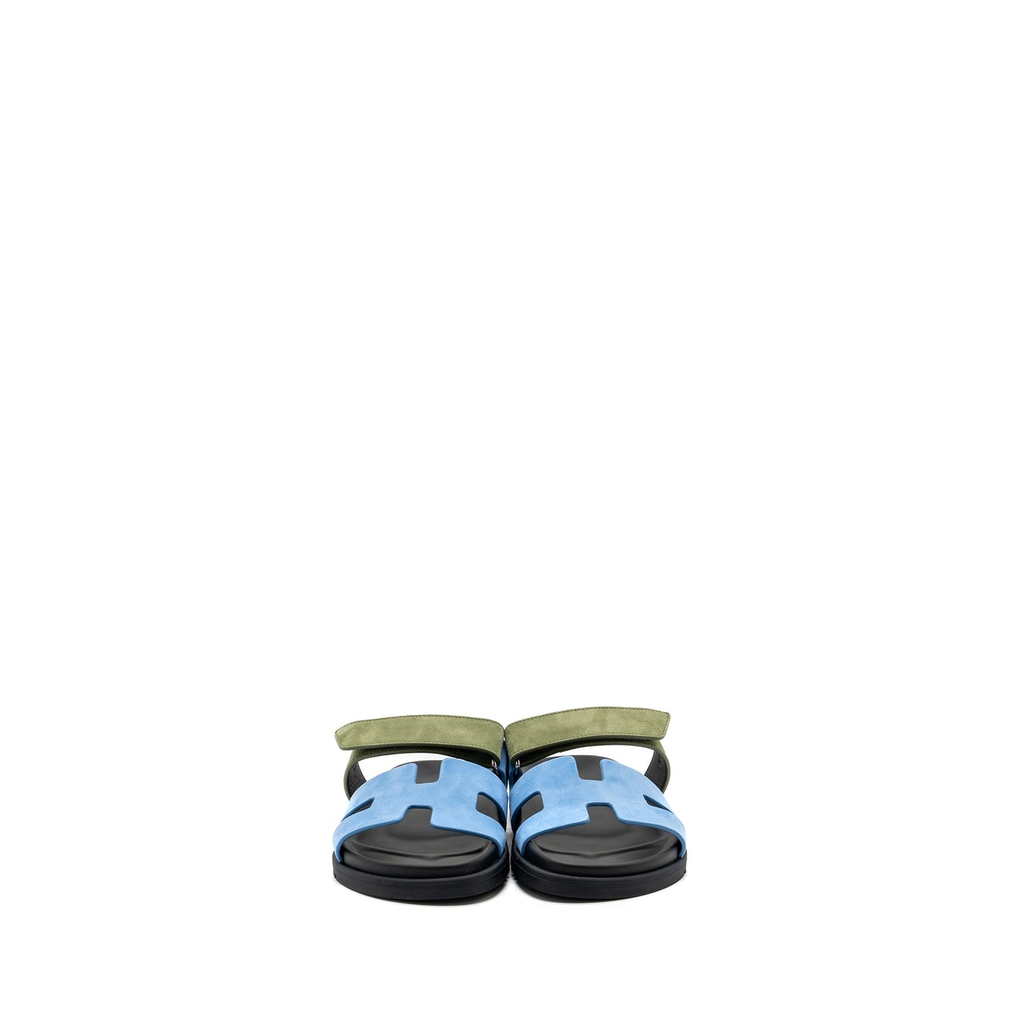 HERMES Size 37 chypre sandals chèvre velours bleu cameo / vert celadon