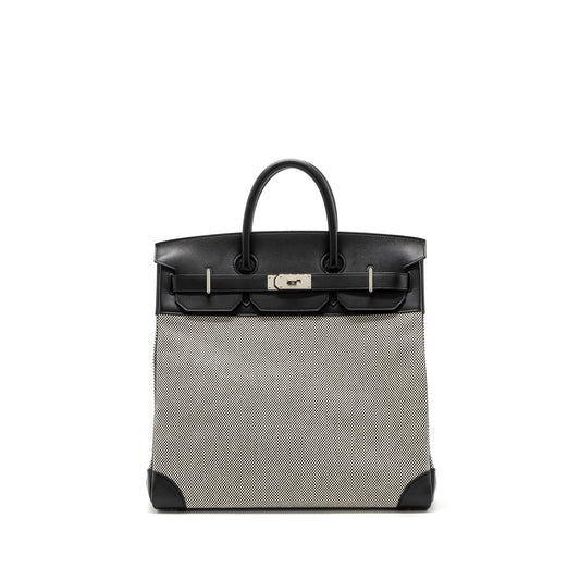 Hermes hac birkin 40 toile Gris canvas / evergrain black/ ecru SHW stamp U