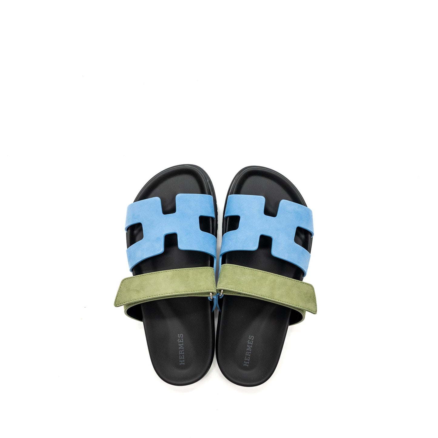 HERMES Size 37 chypre sandals chèvre velours bleu cameo / vert celadon