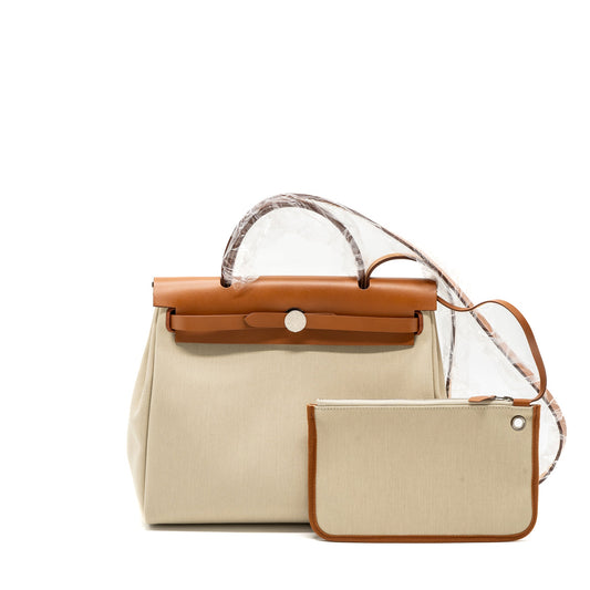 Hermes Herbag 31 Zip Bag Toile Militaries/Vache Hunter Beton/Fauve SHW Stamp B