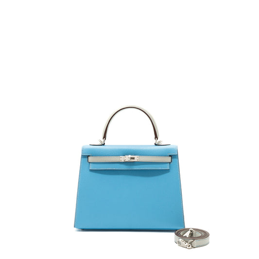 Hermes Kelly 25 special order chèvre Mysore blue Celeste / Gris Perle brushed SHW Stamp Z