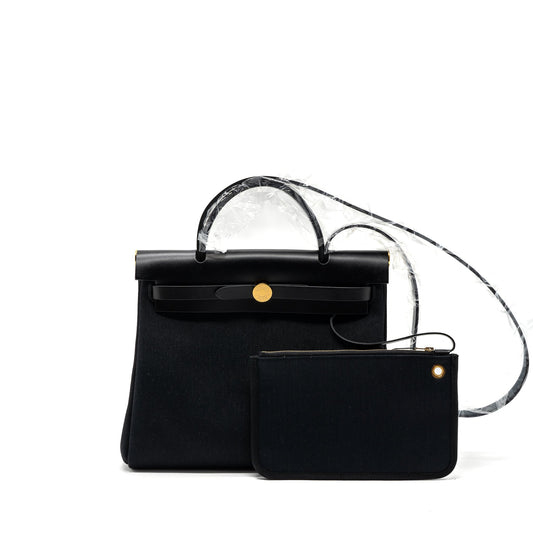 Hermes Herbag 31 Zip Bag Canvas/ Hunter Leather Black GHW Stamp B
