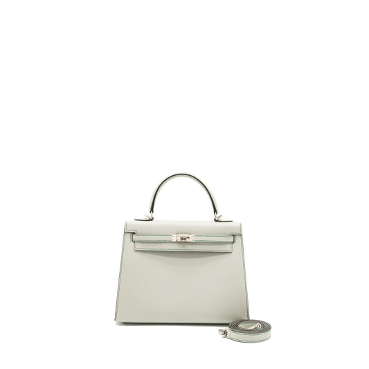 Hermes Kelly 25 Special Order Chèvre Mysore Gris Perle/Malachite/Vert Emeraude Brushed SHW Stamp U