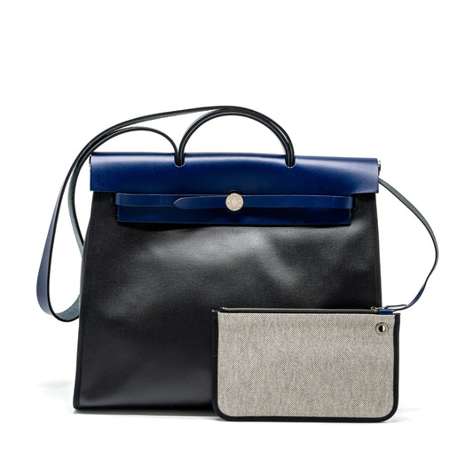 Hermes Herbag Zip 39 Bag Berline Canvas/Leather Black/Blue SHW Stamp C