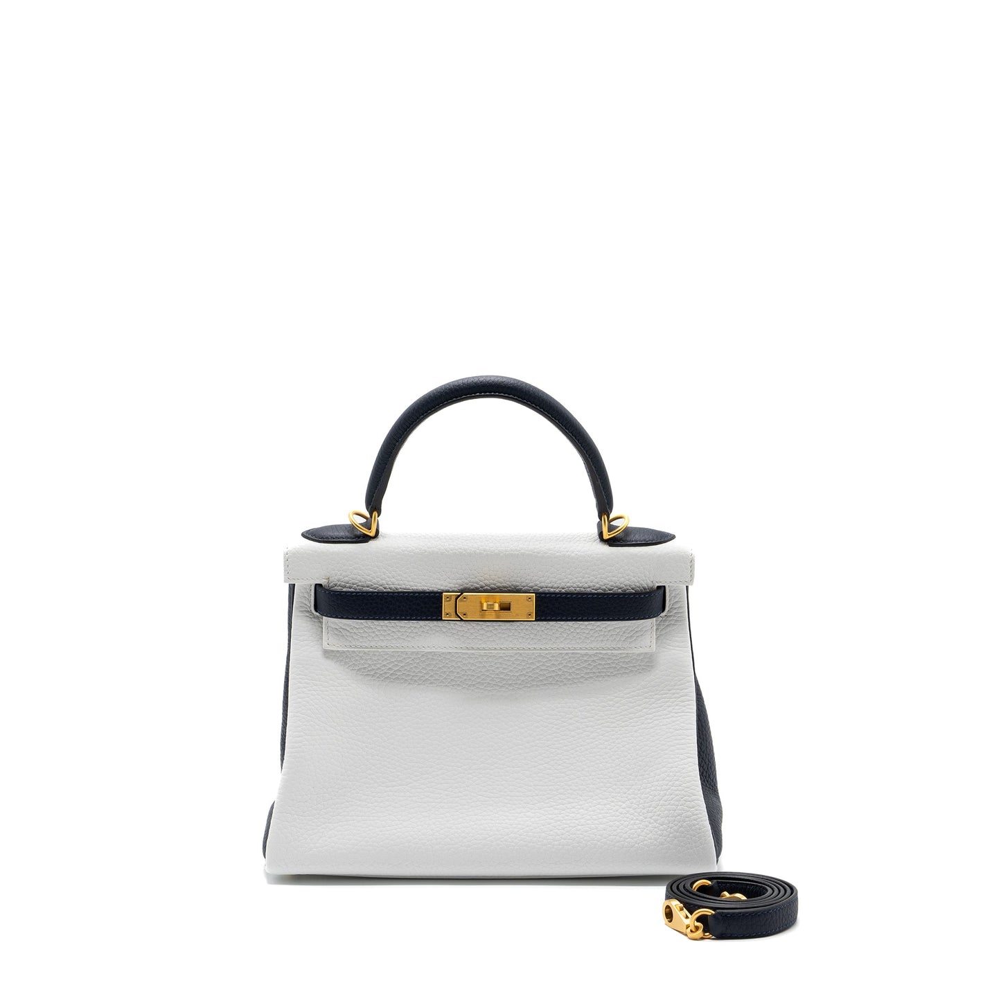 Hermes kelly 28 special order clemence leather blanc / blue nuit brushed GHW stamp Y