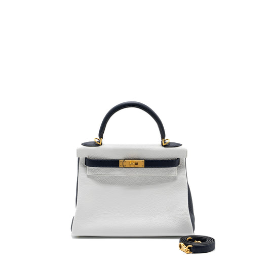 Hermes kelly 28 special order clemence leather blanc / blue nuit brushed GHW stamp Y