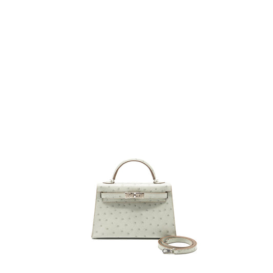 Hermes Mini Kelly II Special Order Ostrich Gris Perle/Jaune Amber SHW Stamp B