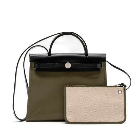 Hermes Herbag 31 Zip Bag Tolie H Berline Canvas/Vache Hunter Lichen/Ecru-beige/Black SHW Stamp Z