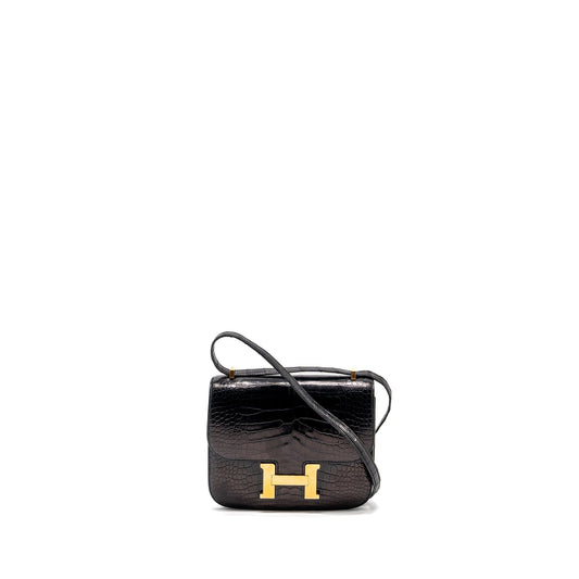 Hermes Mini Constance Alligator Mississippiensis shiny black GHW stamp X