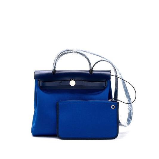 hermes herbag 31 zip bag canvas/ hunter leather blue Billard / blue saphir SHW stamp U