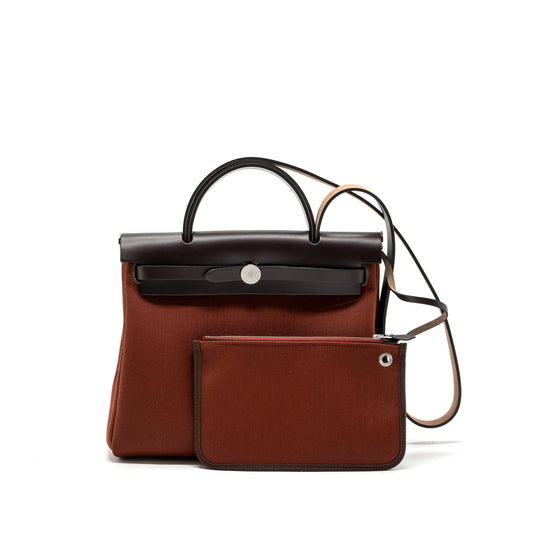 Hermes herbag zip 31 bag canvas/ hunter leather rouge H / Ebene SHW stamp Z