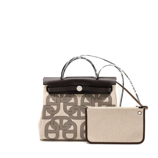 Hermes Herbag 31 Zip Bag Toile H Plume Hunter/ Canvas Ebene/ Ecru/ Beige/ Ebene SHW Stamp u