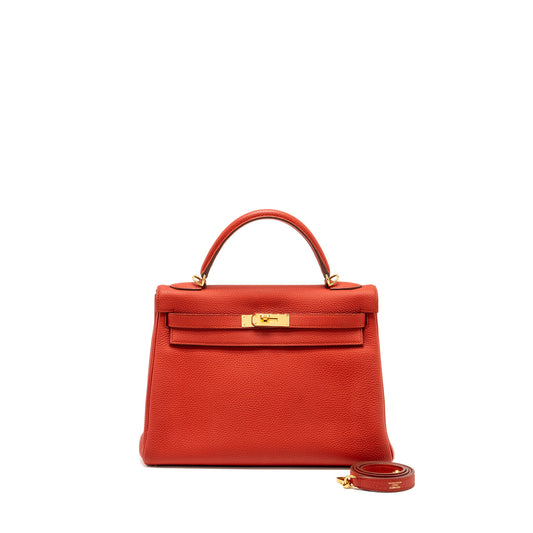 Hermes Kelly 32 Togo 5E Vermillion GHW Stamp Square Q