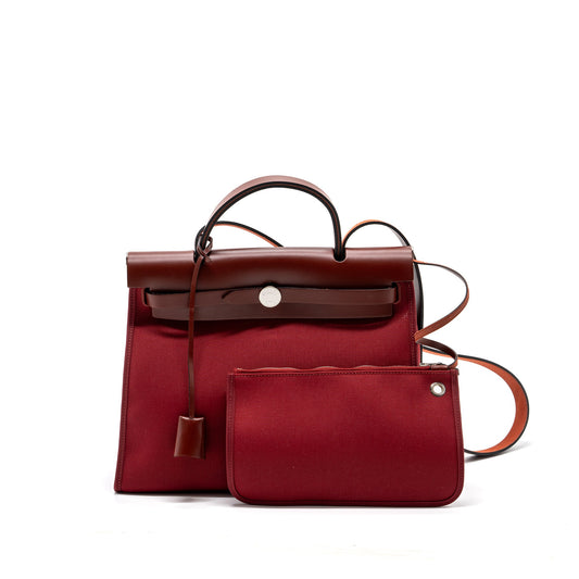 Hermes herbag zip 31 bag canvas / hunter rouge grenat / rouge H SHW stamp A