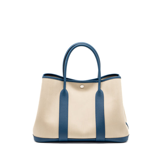 Hermes garden party 36 vache country leather/cnavas craie /bleu outremer SHW Stamp D