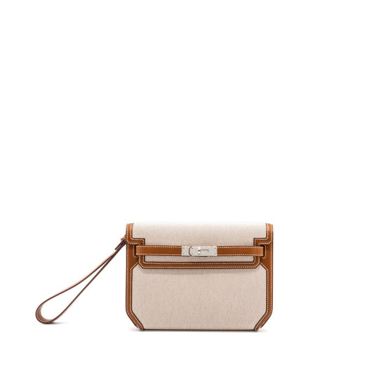 Hermes pochette kelly depeches 25 canvas / barenia ecru beige / fauve SHW stamp Z