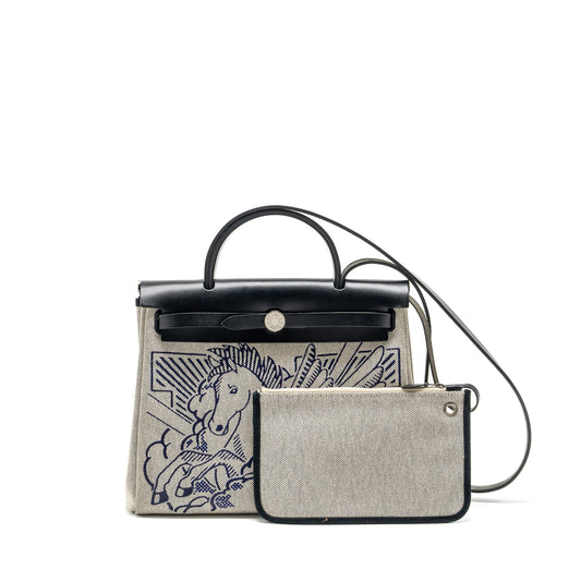 Hermes Herbag 31 Zip Bag Canvas/Hunter Blue Indigo/Ecru-Noir/Noir SHW Stamp D