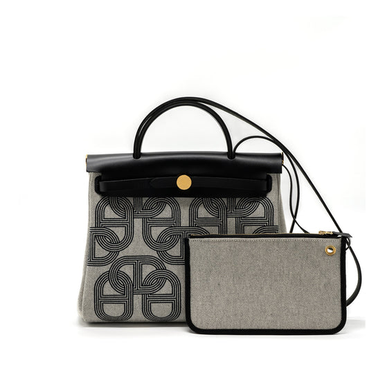 Hermes herbag 31 zip bag Toile H Plume canvas / hunter leather black / ecru GHW stamp U