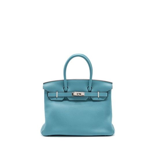 Hermes birkin 30 Clemence 3Z blue Saint Cyr SHW stamp T