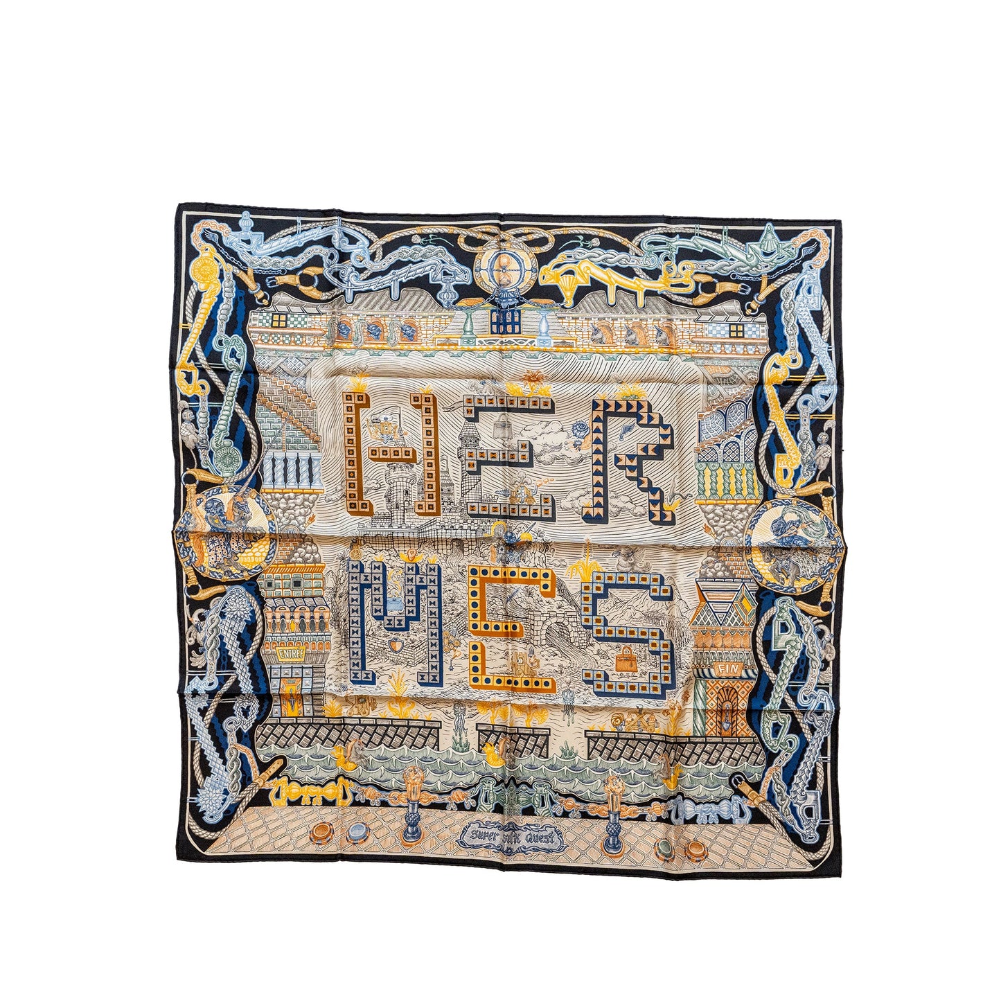 Hermes 90cm Silk Scarf Super Silk Quest Black/Bleu/Beige