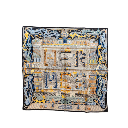 Hermes 90cm Silk Scarf Super Silk Quest Black/Bleu/Beige