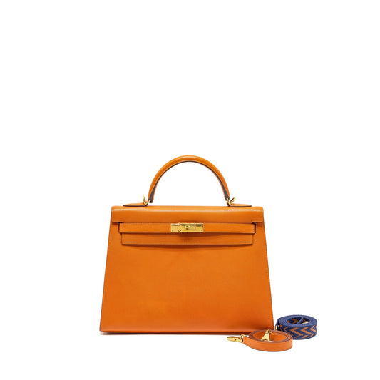 Hermes Kelly 32 Epsom Orange GHW Stamp Square Q