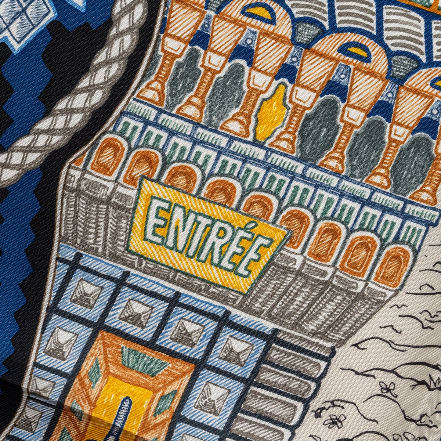 Hermes 90cm Silk Scarf Super Silk Quest Black/Bleu/Beige