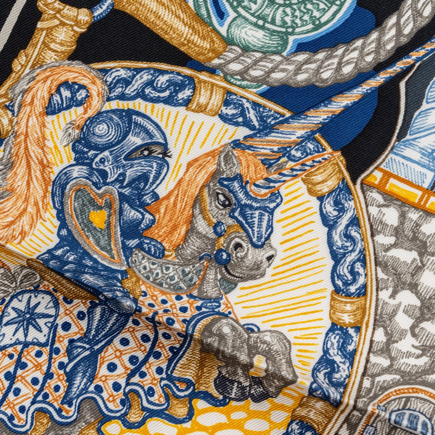Hermes 90cm Silk Scarf Super Silk Quest Black/Bleu/Beige