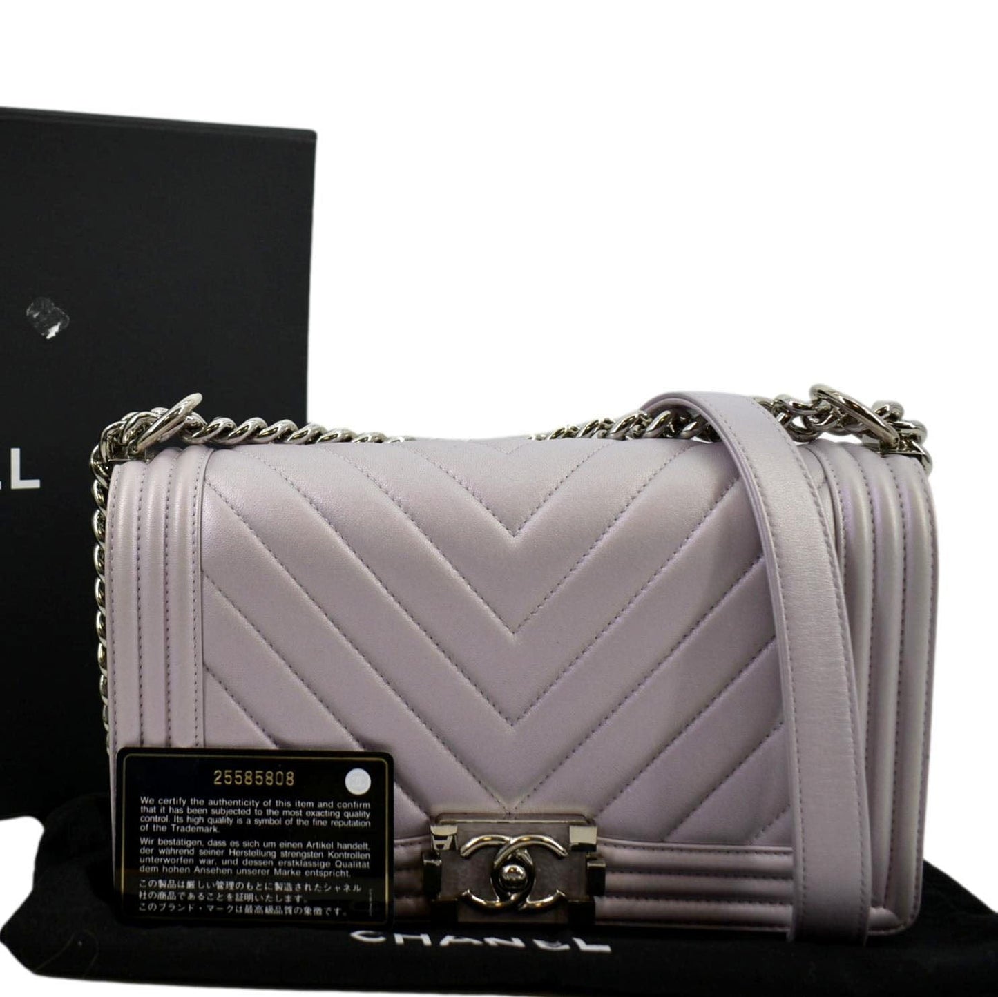 CHANEL Medium Boy Flap Metallic Chevron Shoulder Bag Light Purple